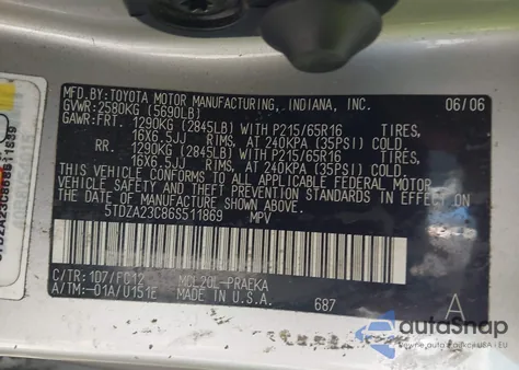 2006 Toyota Sienna Le z USA, uszkodzony, nr VIN 5TDZA23C86S511869